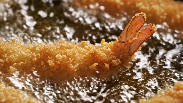 Close up of delicious jumbo shrimp frying in hot oil.