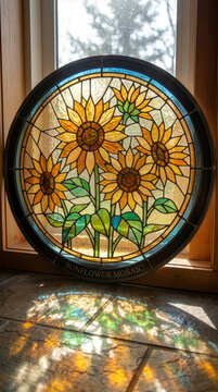 Sunflower ひまわり 129 Round Sunflower Stained Glass Ornament Reflecting Colors on Tiled Floor（タイル床に色彩を反射する円形のひまわりステンドグラス・オーナメント）