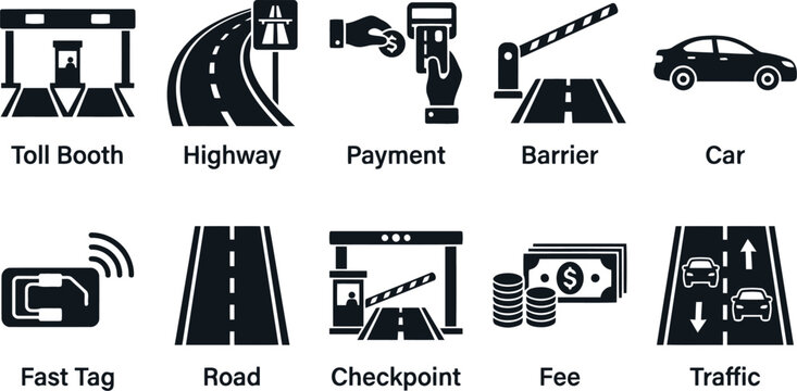 Collection of Flat Icons for Toll Road Systems and Transportation Management