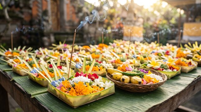 Balinese Hindu Canang Sari Offerings with Incense Smoke on Banana Leaf, Traditional Spiritual Culture Vector Illustration