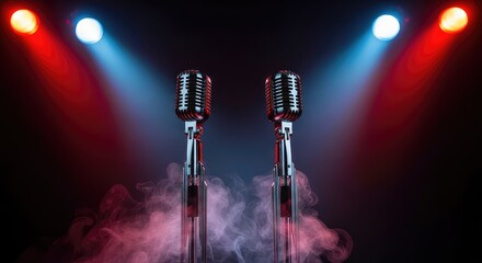 Obraz premium Vintage chrome microphone stands glow under dramatic red and blue lighting on a dark smoky stage, evoking a nostalgic concert atmosphere, melody, artistic, sing