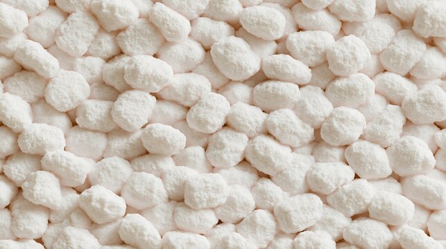 Full frame view of small irregular white porous expanding polystyrene foam pellets filling entire frame creating soft textured neutral background for packaging material