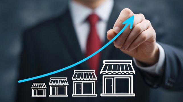 Businessman in suit drawing upward trend line above small storefront icons representing growth and success in retail or commercial business sector