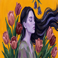Painterly Woman Portrait with Lilac Skin and Tulip Flowers on Saffron © Jazib