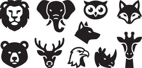 Collection of premium animal head icons including lion elephant owl fox wolf bear deer eagle and rhino silhouettes for creative logo design and branding. © Nawfel Mahmud