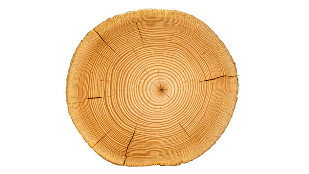 Cross section of a pine tree trunk showing growth rings, isolated on transparent background
