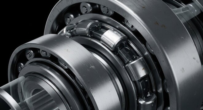 Close-up of a complex industrial ball bearing mechanism with metallic components and rollers against a dark background.