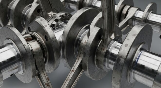 Close-up of a complex industrial crankshaft mechanism with multiple rotating parts and connecting rods.
