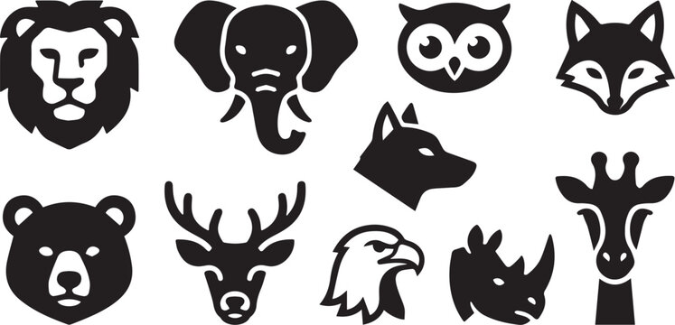 Collection of premium animal head icons including lion elephant owl fox wolf bear deer eagle and rhino silhouettes for creative logo design and branding.