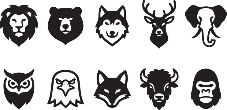 Premium set of wild animal head icons featuring lion bear wolf deer elephant owl eagle and gorilla silhouettes for professional design and branding work.