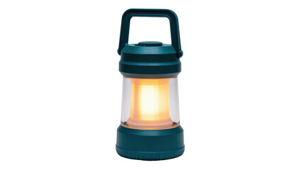 Dark teal camping lantern with bright orange light, isolated on transparent background © Elena