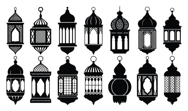Set of fourteen black silhouettes of ornate hanging lanterns with intricate geometric patterns and traditional middle eastern architectural shapes isolated on a white background