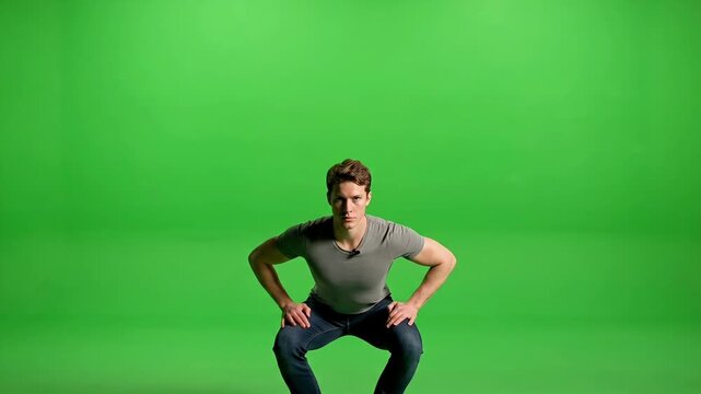 Athletic young man in a grey t-shirt and jeans performing a deep bodyweight squat exercise against a professional green screen studio background.