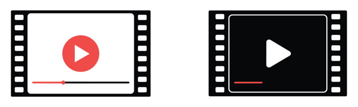 Film Strip Frames Collection, Two strip frames with player interface including a red circular play button a white triangular play and progress bars on a white background