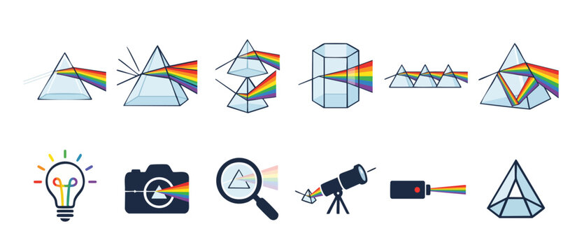 Light Prism Physics Icons Set Refracting Spectrum Colors into Rainbow Beams for Scientific Optical Experimentation and Educational Infographics Illustrating Wave Optics and Light Dispersion Phenomena