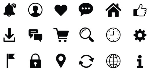 Set of eighteen black flat representing common user interface including a bell user heart speech bubble house thumbs up download chat cart search clock gear flag lock pin refresh globe and © Jibit
