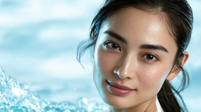 Woman face water skincare beauty wet glow fresh smile closeup asian female model young clean moisture hydrating aquatic blue pool spa wellness cosmetic healthy skin soft serene calm natural purity