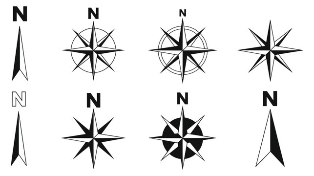 Compass Rose Collection, Set of eight black and white north arrow and compass rose symbols for map navigation and orientation featuring various geometric star shapes 