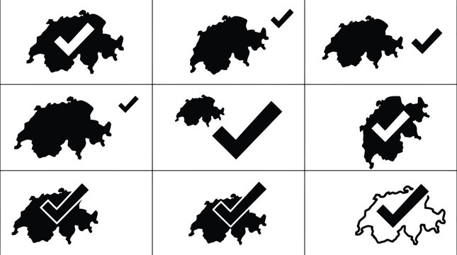 Verschiedene Darstellungen der Schweiz mit einem H&auml;kchen, die Zustimmung oder Auswahl symbolisieren.