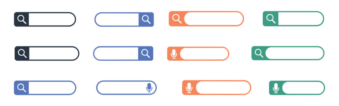 Search Bar Elements Set, Set of twelve rounded rectangular search bars in charcoal blue purple orange and teal colors with magnifying glass and microphone for web interface navigation 