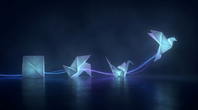 Evolution of paper crane origami connected by glowing neon lines. Concept of digital transformation, creative process, and technological advancement from idea to reality.