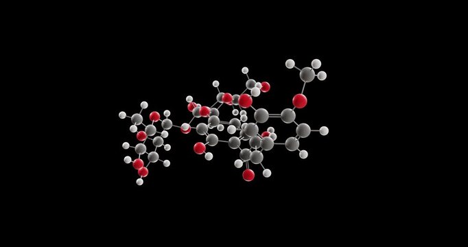 Neohesperidin dihydrochalcone molecule, rotating 3D model of e959, looped video on a black background
