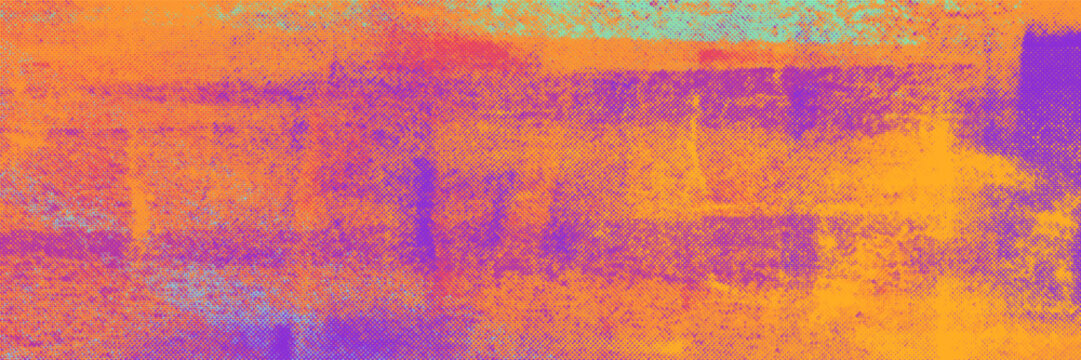 Distressed risograph texture background with analog printmaking effect. Banner template with halftone dot overlay texture. Bright orange, purple, yellow and pink ink roller grunge vector illustration