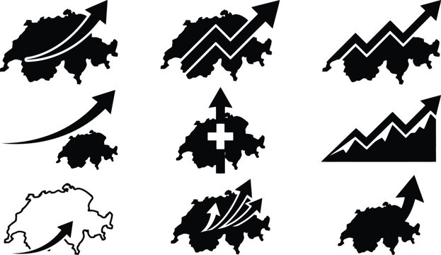 Silhouetten der Schweiz mit steigenden Pfeilen, die Wachstum und Fortschritt symbolisieren.
