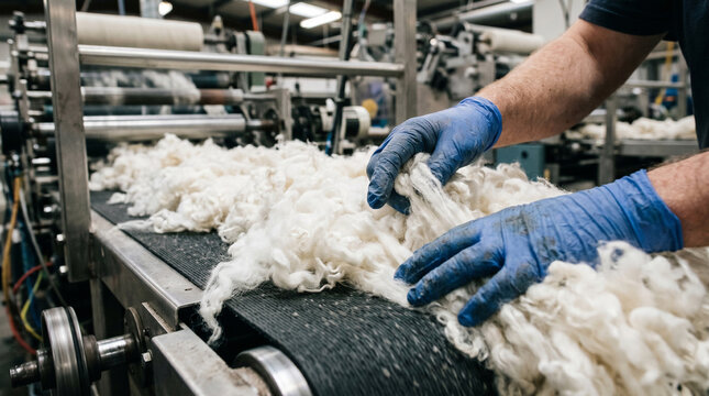 Close-up of worker's gloved hands sorting raw white wool fibers on a conveyor belt, quality control process in a textile factory, industrial manufacturing of natural wool materials