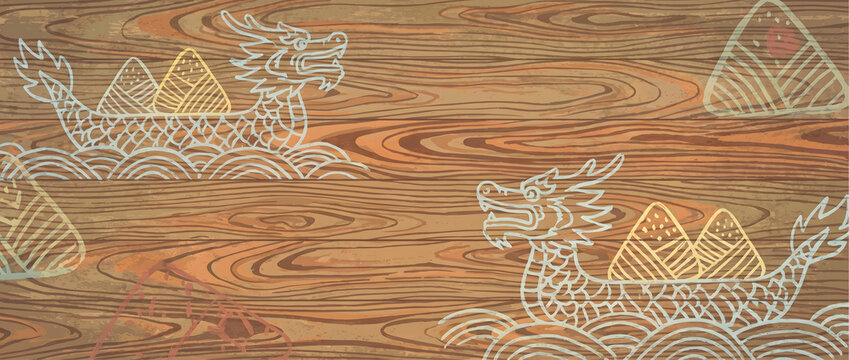 Wood grain background featuring traditional dragon boats and zongzi for the Dragon Boat Festival celebration