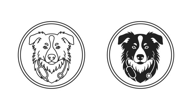 Border collie dog head with stethoscope icon set representing veterinary medicine in outline and solid black graphic styles isolated on white background for pet care and clinic branding