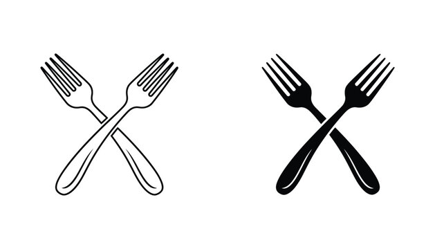 Crossed dinner forks icon set representing dining catering and restaurant services in outline and solid black graphic styles isolated on white background for professional culinary branding projects