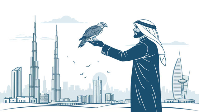 Man in traditional arabic clothing holding a falcon with dubai cityscape
