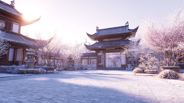 Snowy Chinese imperial courtyard with traditional architecture in dreamy winter illustration
