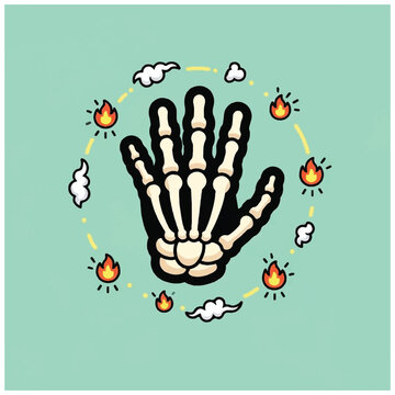 Skeleton Hand with Flames and Clouds.