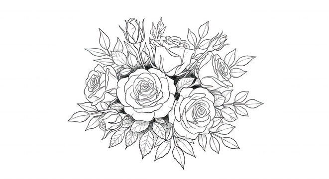 A detailed white line of a rose bouquet featuring blooming flowers, buds, and serrated leaves isolated on a solid black background