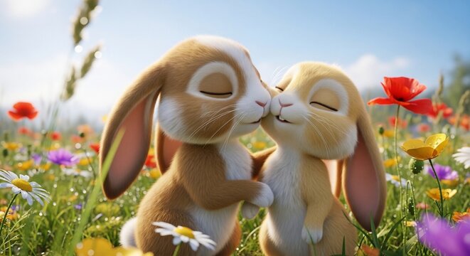 Cartoon bunnies kissing in a flower field