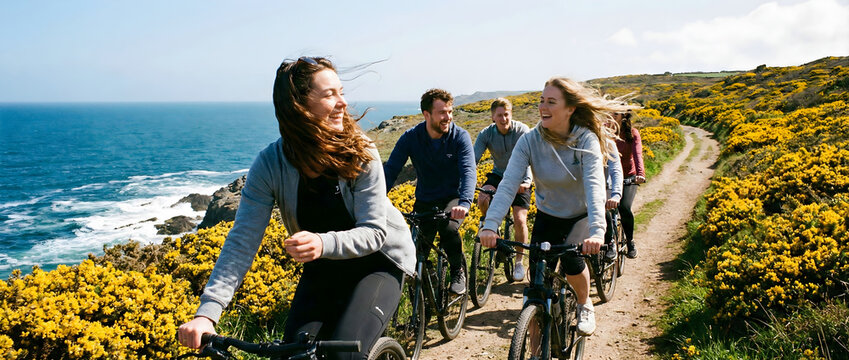 Happy young adults on a bicycle tour next to the ocean, friends riding bikes on scenic hillside trail with yellow flowers, active healthy lifestyle concept.