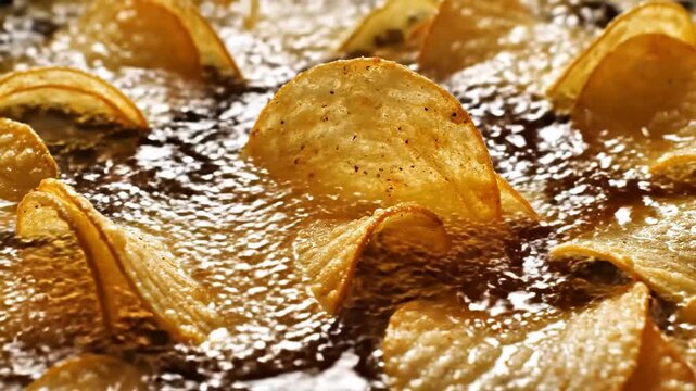 Fresh potato chips deep frying in hot boiling oil for a crispy snack.