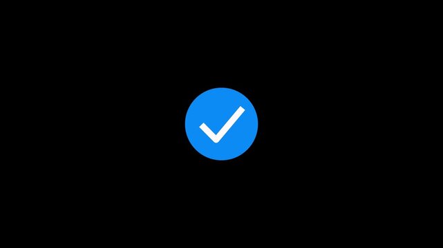 Animated reveal of a abstract white checkmark icon in a blue circle isolated on a black background. confirm, correct, accept, select, checkbox, check mark, tick, yes, or oK sign symbol