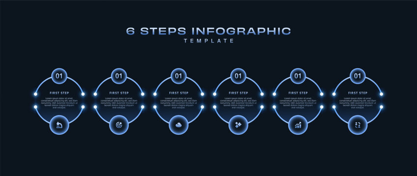 Dark Tech Infographic Template with Icons and Gradient Diagram, 6 Step Vector Workflow Layout for Presentations, Banners, Flowcharts, Business Reports, UI Design Assets, Modern Digital Style Pack Pro
