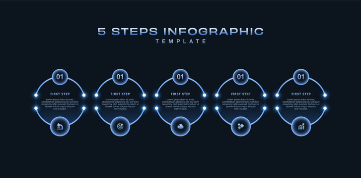 Dark Tech Infographic Template with Icons and Gradient Diagram, 5 Step Vector Workflow Layout for Presentations, Banners, Flowcharts, Business Reports, UI Design Assets, Modern Digital Style Pack Pro