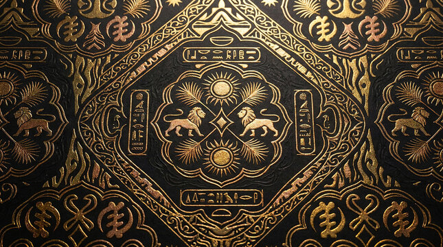 Ancient egyptian gold and black pattern featuring hieroglyphs and african symbols for wallpaper design.