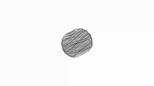 Hand drawn scribble tangle scrawl sketch or black line spherical abstract shape on a white background. Looped hand-drawn Chaotic tangle sketch. tangled doodle circle or thread knot spinning animation