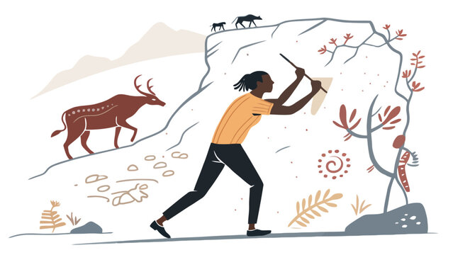 Man creating ancient cave painting on rocky cliff face with animal designs