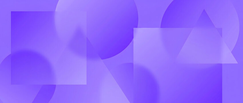 Purple gradient abstract background with overlapping geometric shapes including circles, squares and triangles
