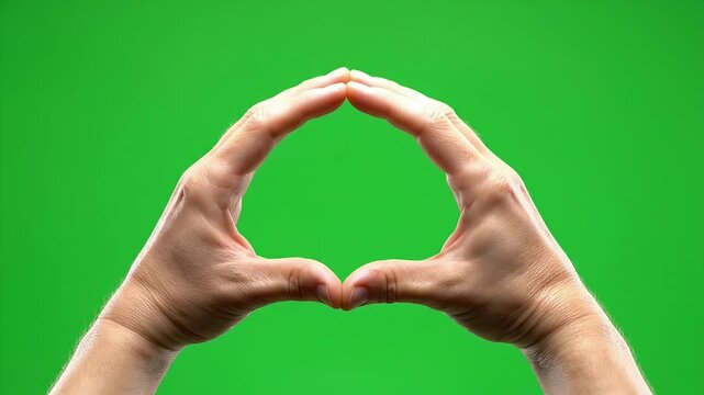 Human hands forming a circular frame or diamond shape gesture against a professional green screen background for video editing and chroma key work.