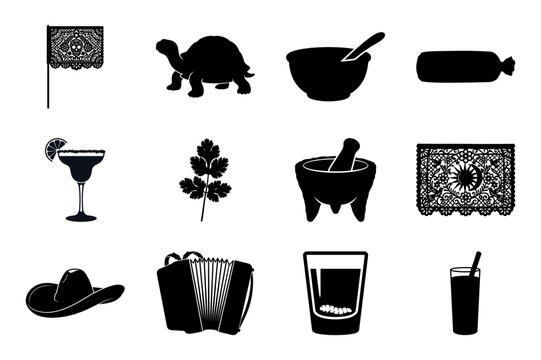 Traditional mexican food and craft silhouettes vector icon pack.