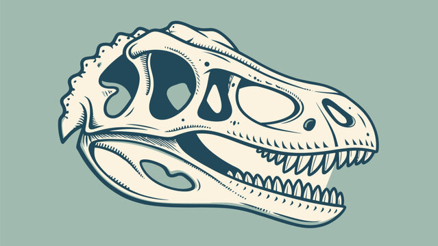 Dinosaur skull illustration on green background with sharp teeth visible