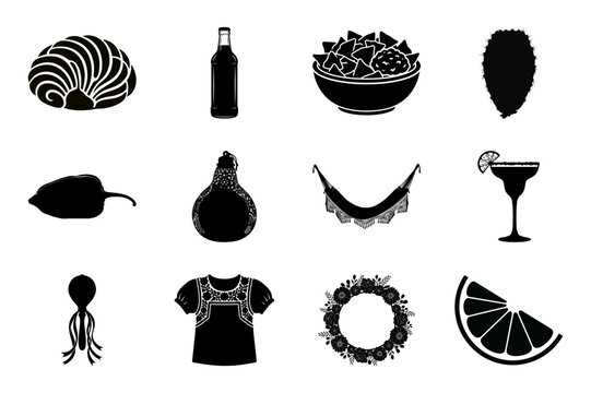Traditional mexican snack and festival equipment silhouettes.
